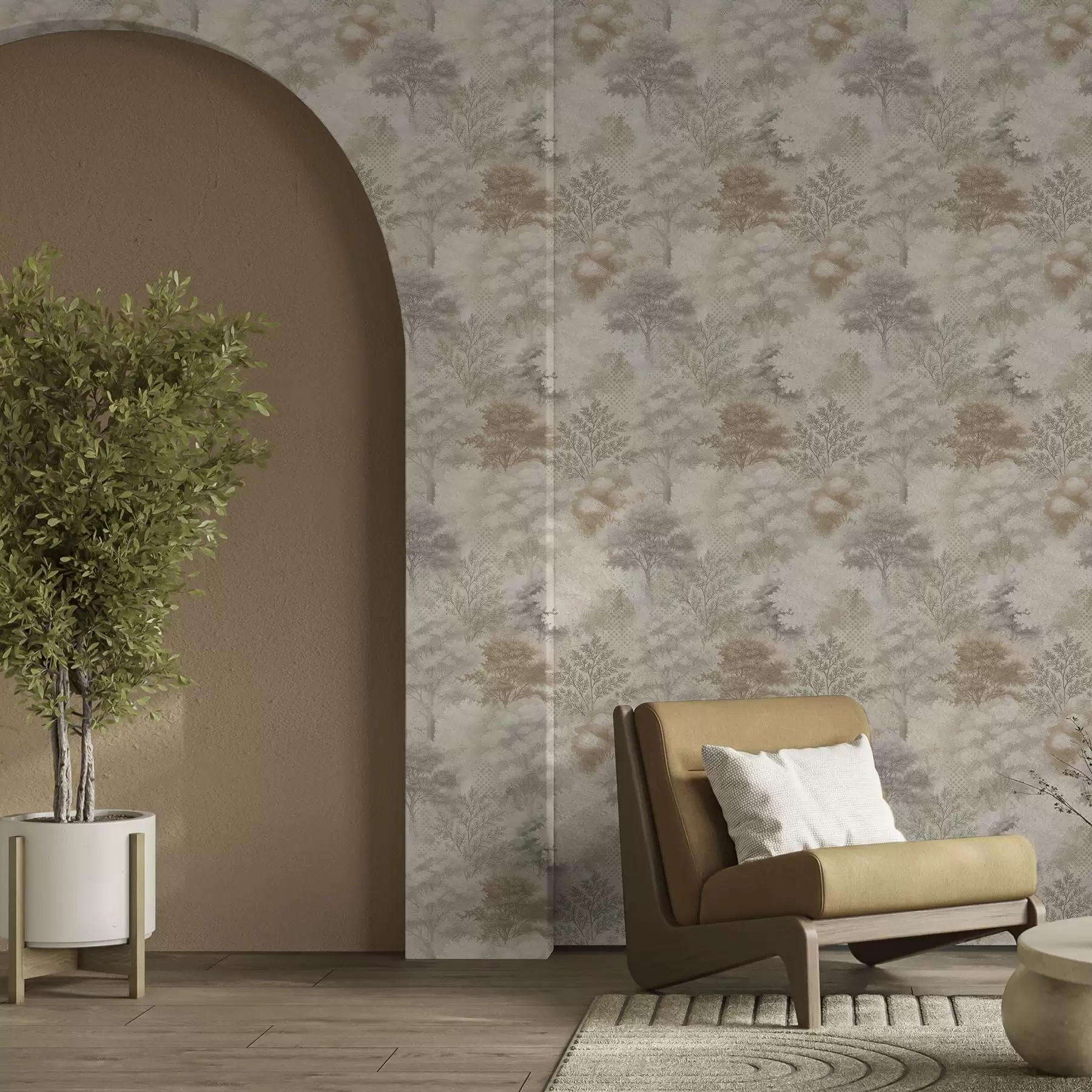 wall murals Gentle forest in mist, soft beige-gray tones a00785