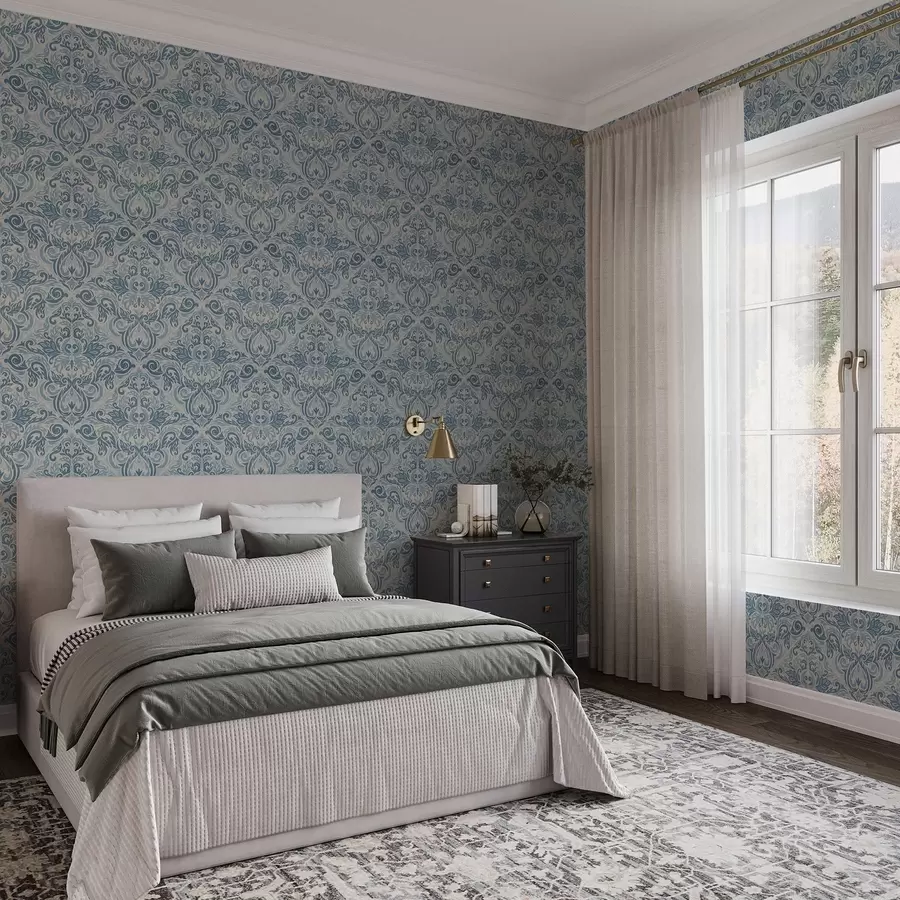 wall murals Classic damask, blue motifs on cream a00826v1