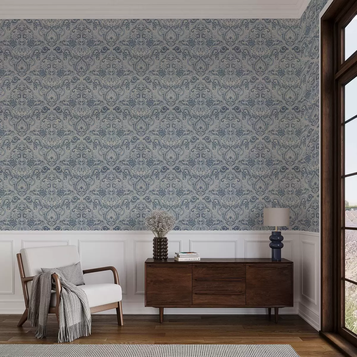 Wallpaper Classic damask, blue motifs on cream a00826v1