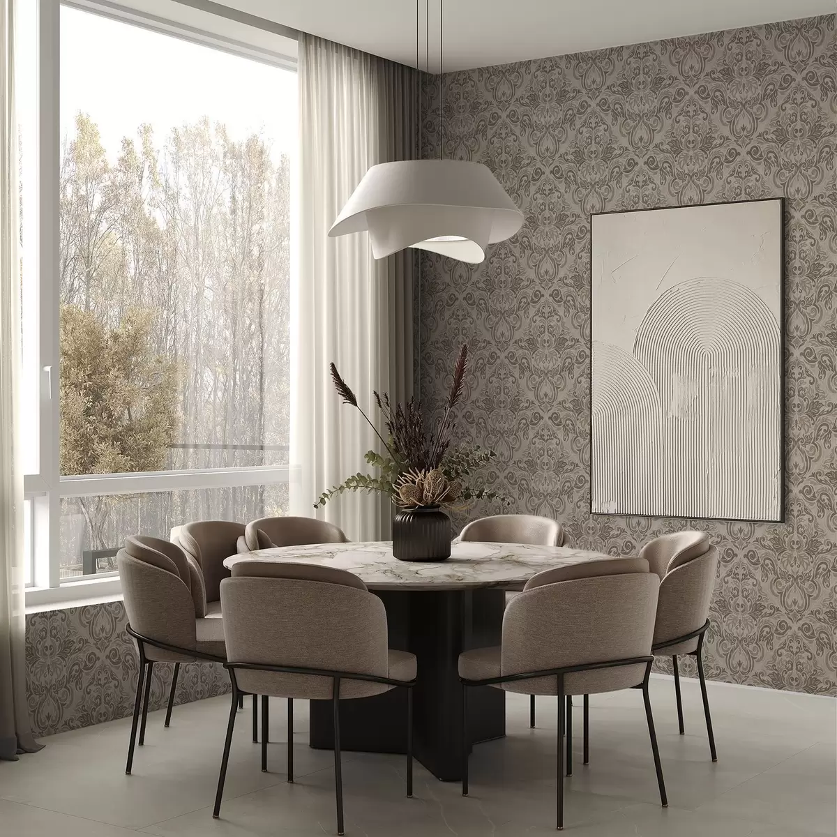 Wallpaper Damask in warm gray-brown tones on light ground a00826v3