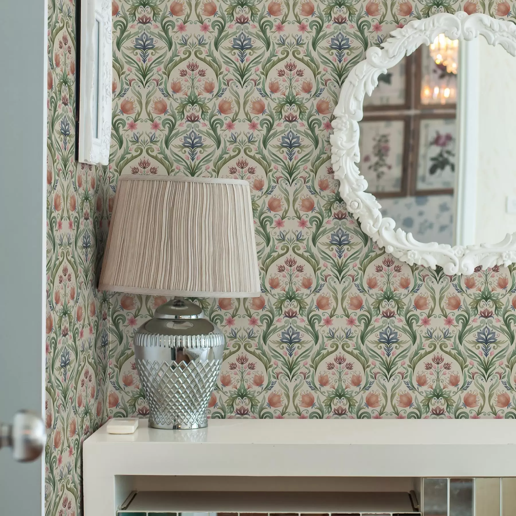 wall murals Symmetrical floral ornament, terracotta and green a00827