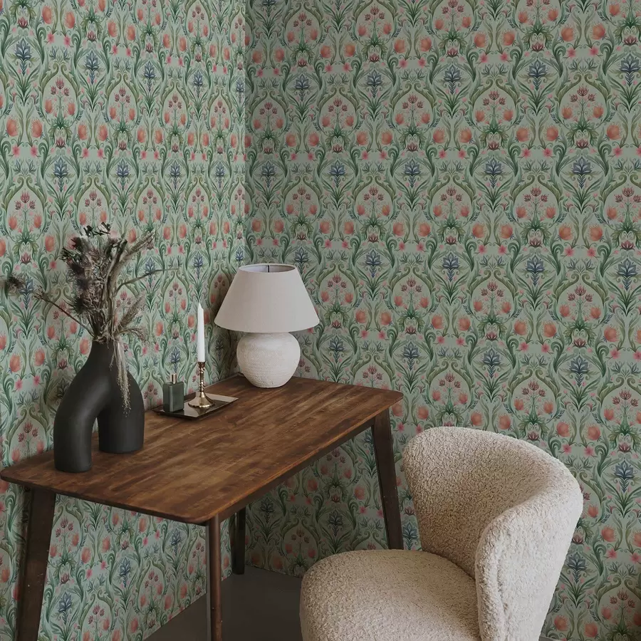 wall murals Symmetrical floral ornament, mint-cream palette a00827v1