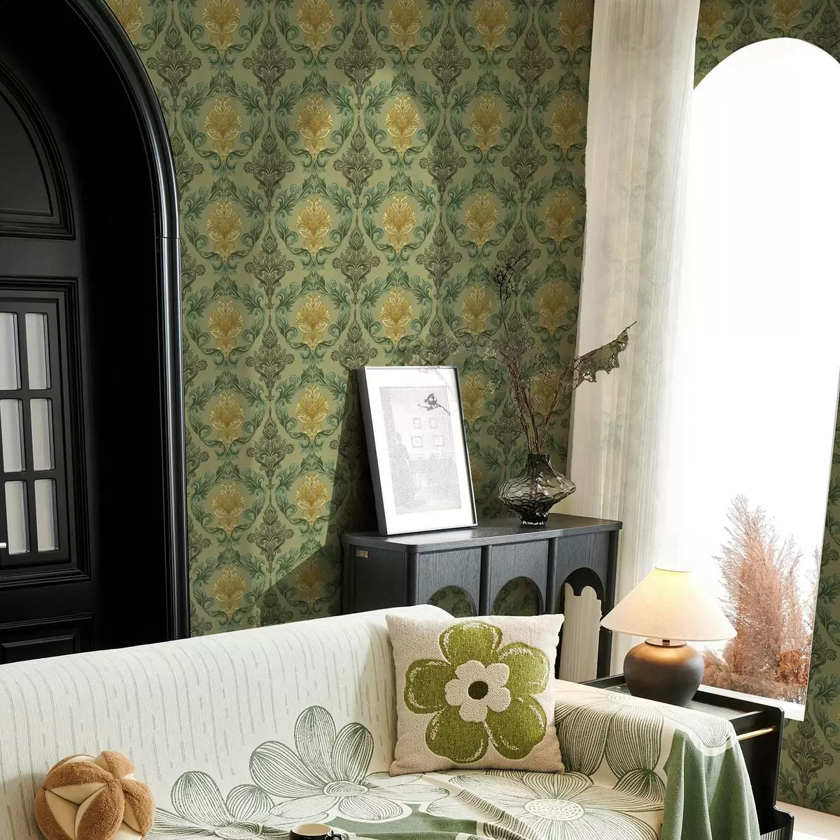 Wallpaper Damask with vegetal scrolls, olive-ochre palette a00828