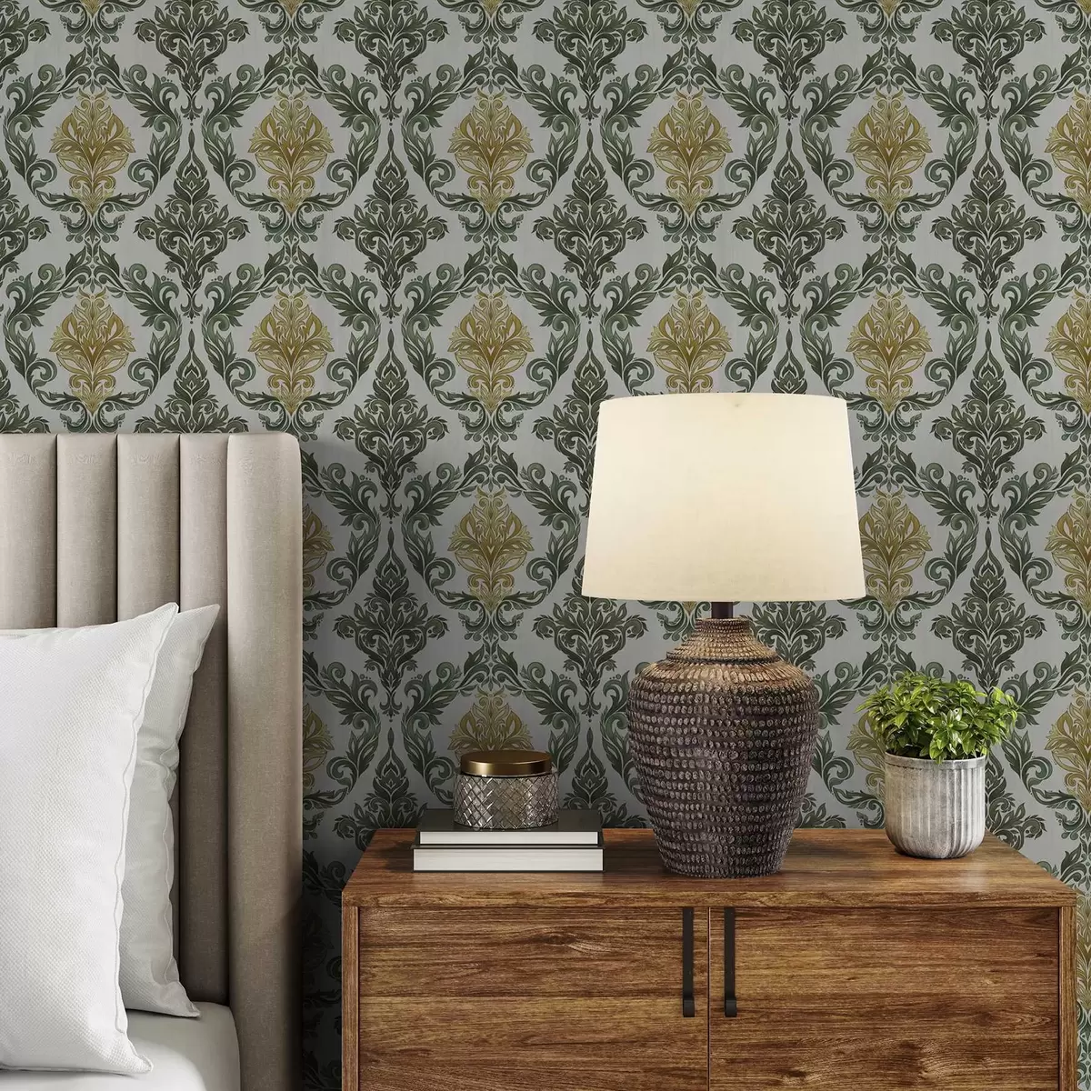 Wallpaper Damask with green scrolls on a light ground a00828v1