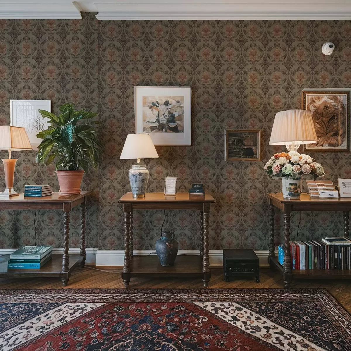 Wallpaper Terracotta damask on muted olive ground a00828v3