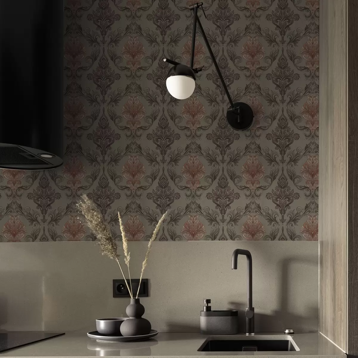 Wallpaper Terracotta damask on muted olive ground a00828v3