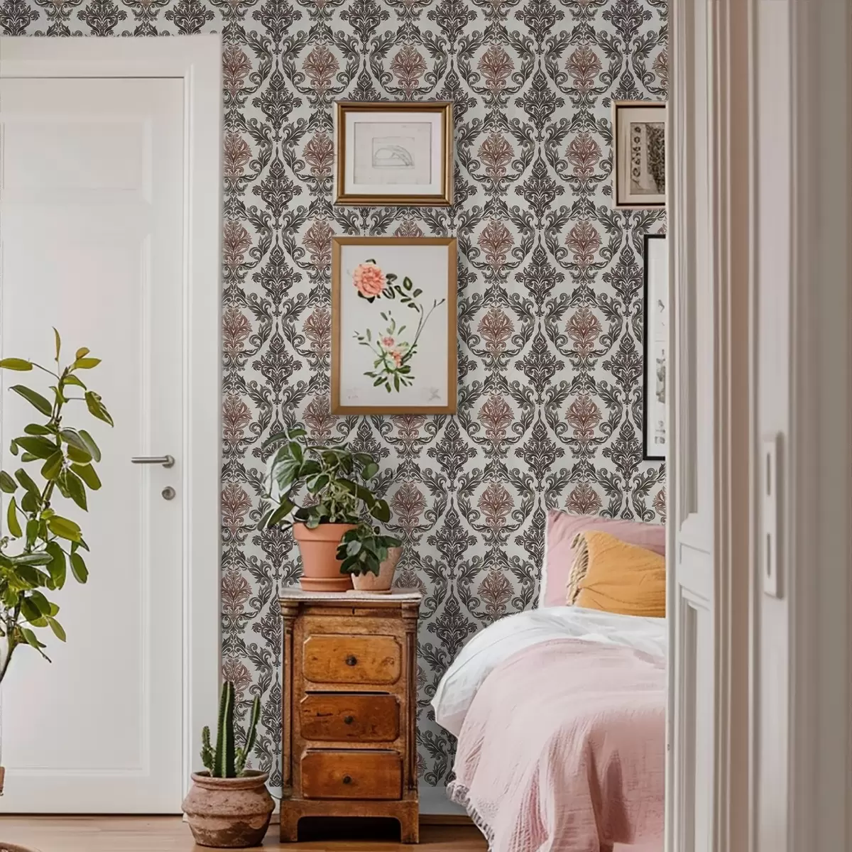 Wallpaper Damask with copper-brown accents on light ground a00828v4