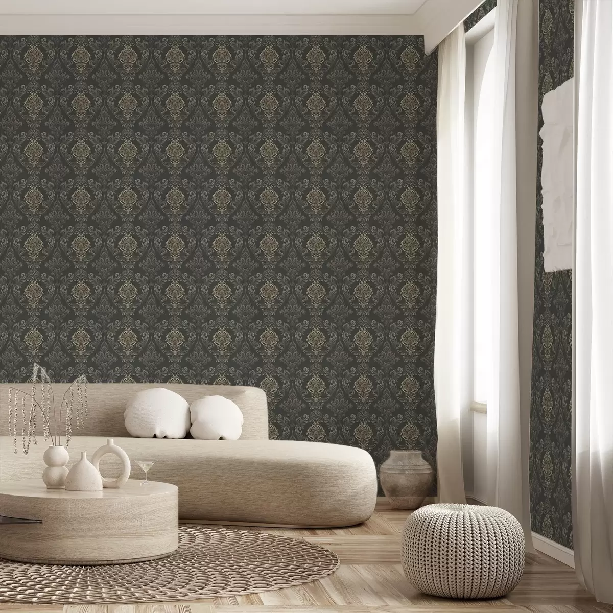 Wallpaper Damask on dark graphite ground, olive-ochre accents a00828v5