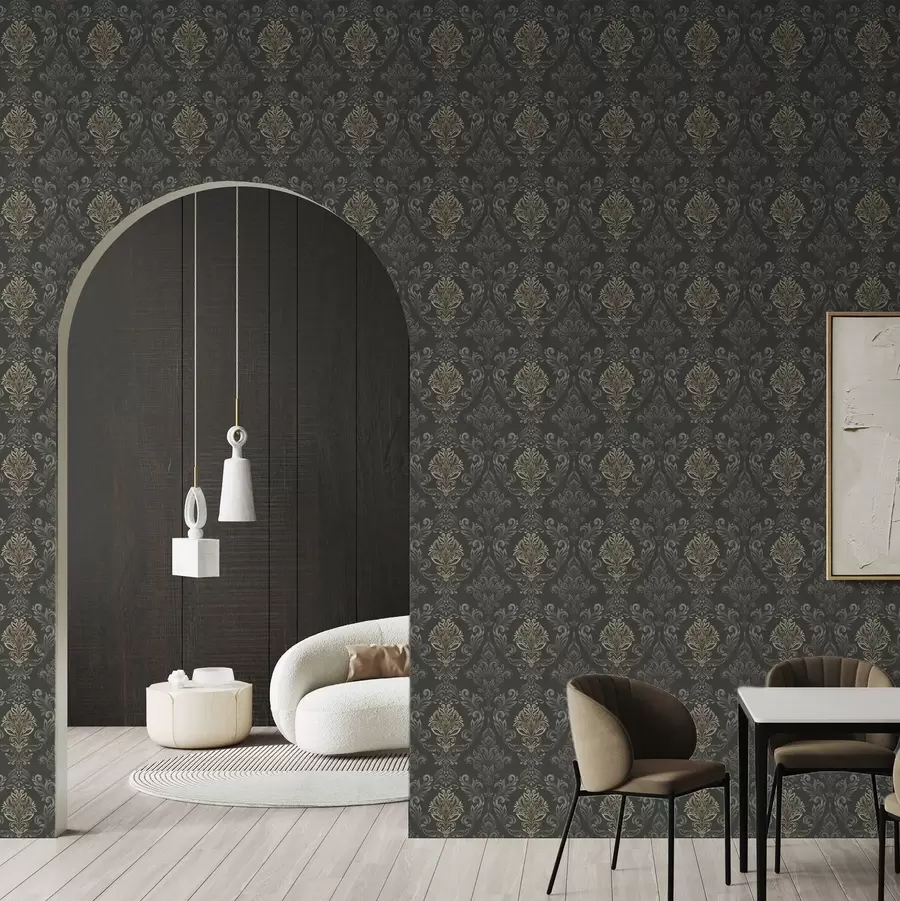wall murals Damask on dark graphite ground, olive-ochre accents a00828v5