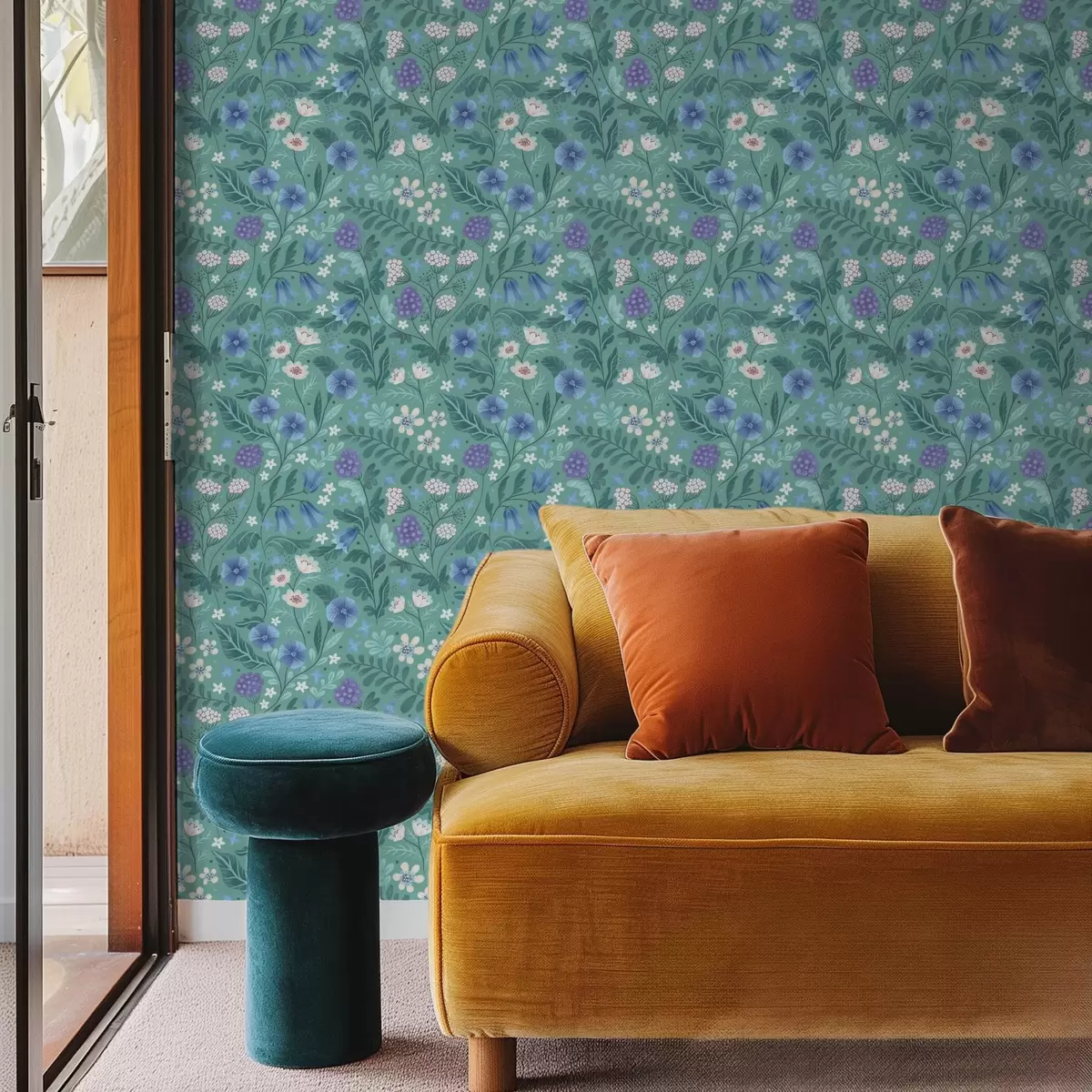 Wallpaper Wildflowers and berries on soft mint background a00849