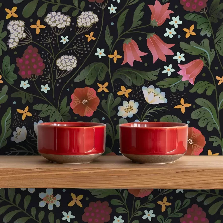 wall murals Wildflowers and berries on deep black background a00849v3