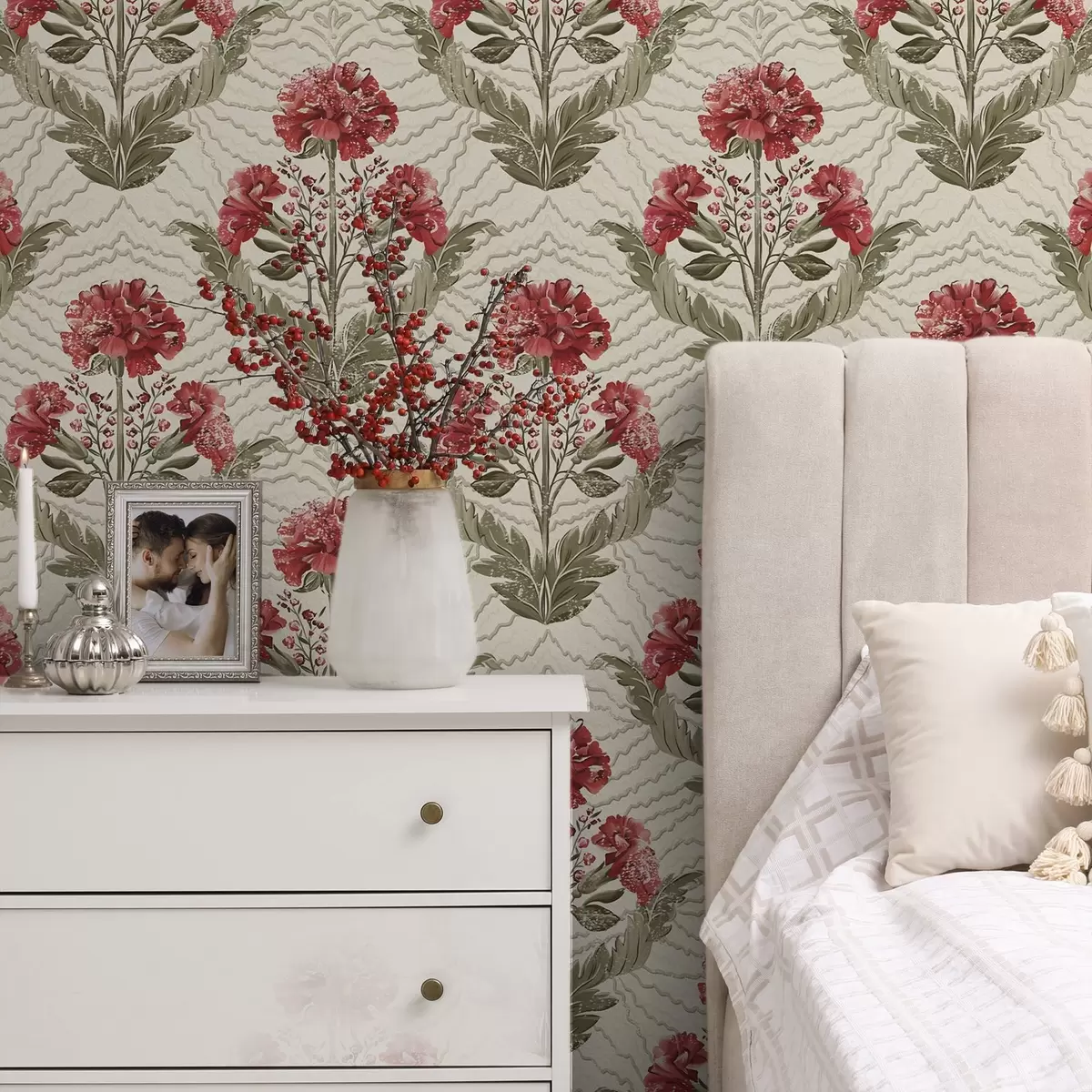 Wallpaper Large red peonies with graphic backdrop, cream ground a00857