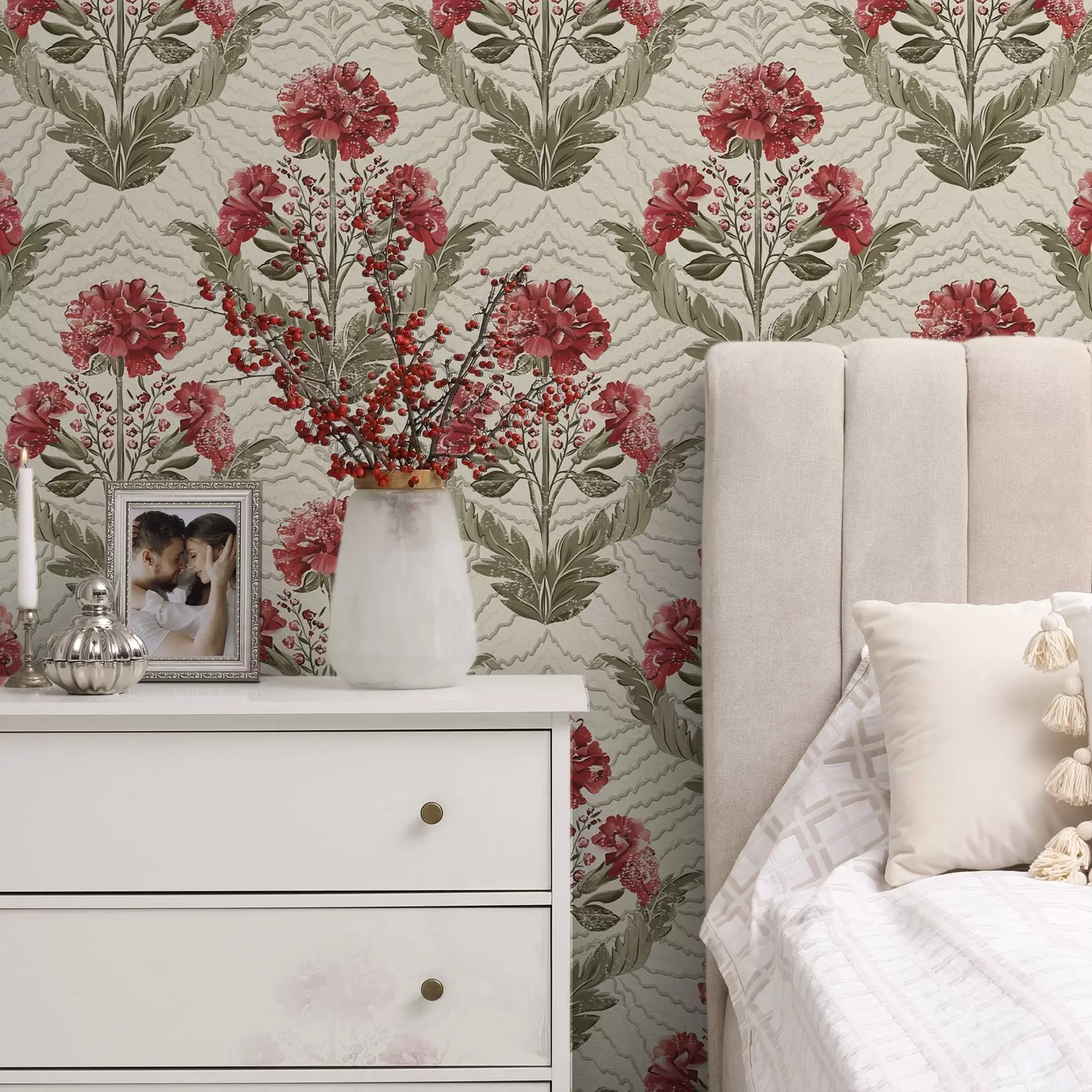 wall murals Large red peonies with graphic backdrop, cream ground a00857