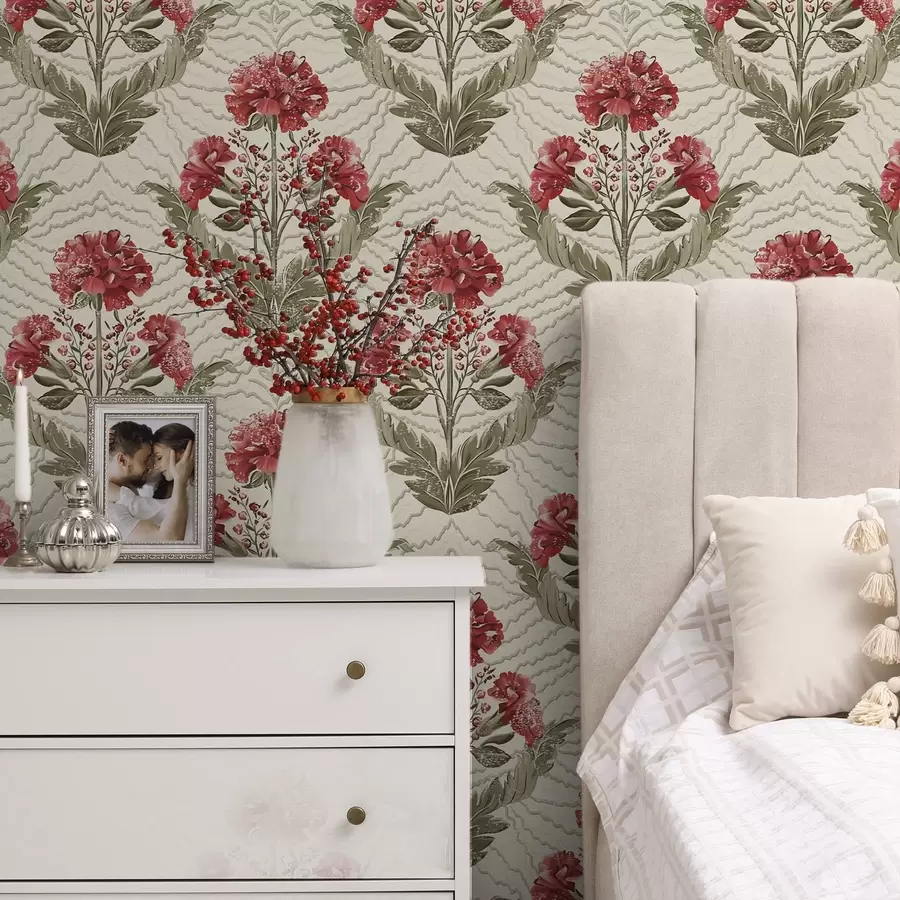 wall murals Large red peonies with graphic backdrop, cream ground a00857