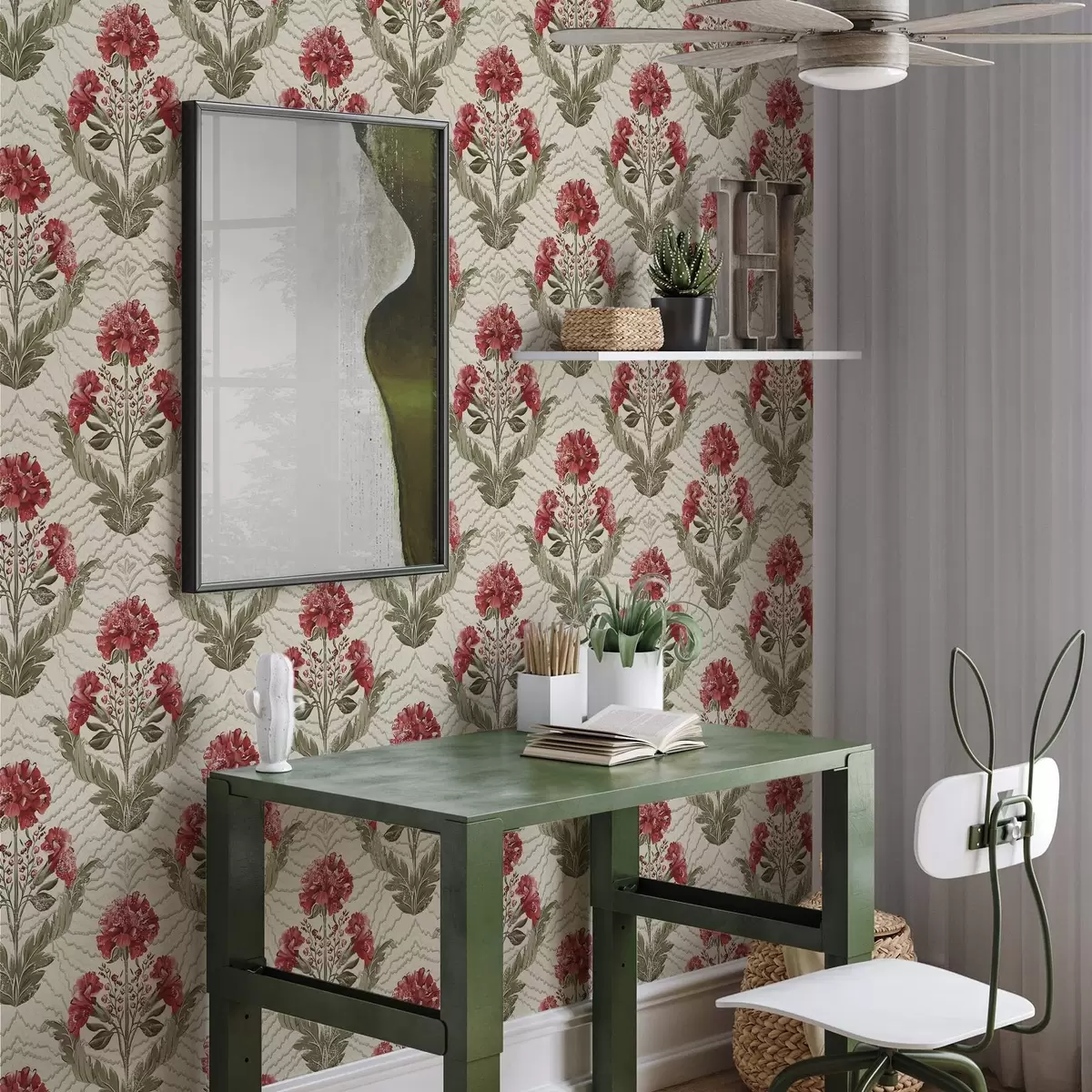 Wallpaper Large red peonies with graphic backdrop, cream ground a00857