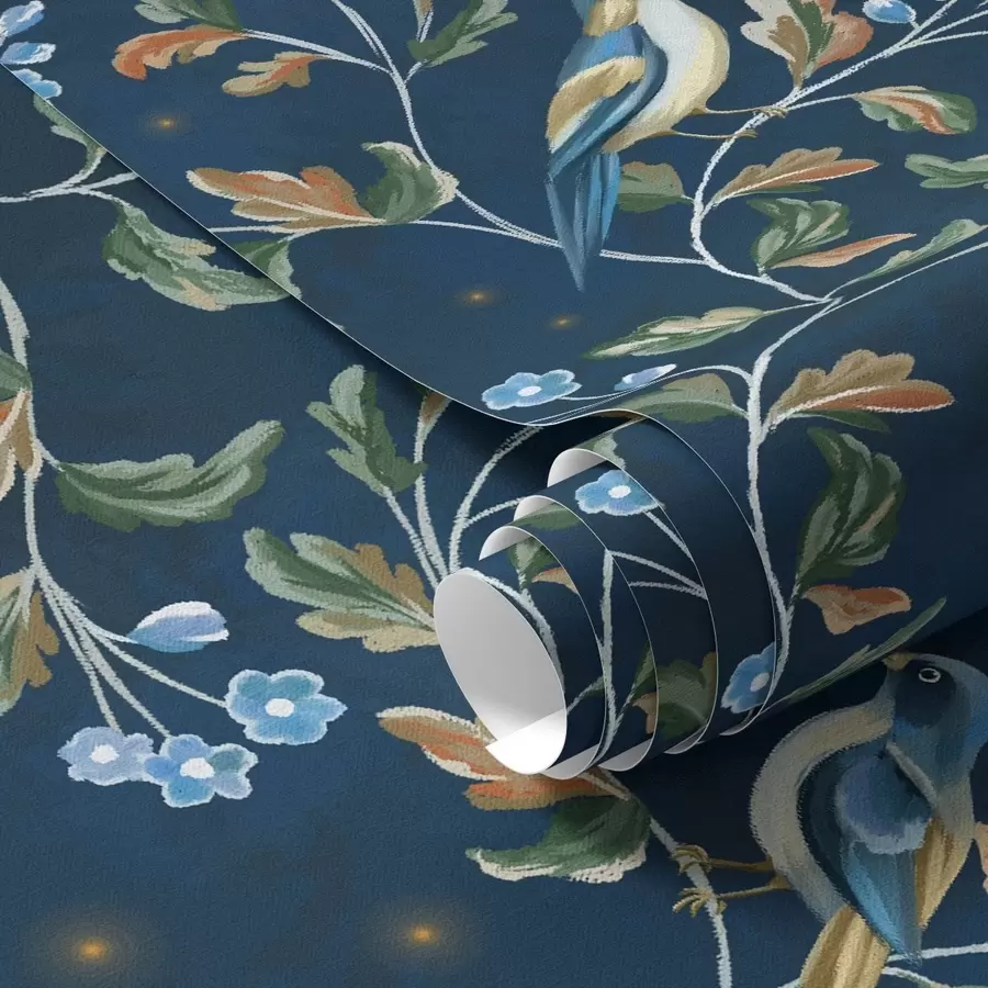wall murals Tits on branches, night blue background with sparks a00858