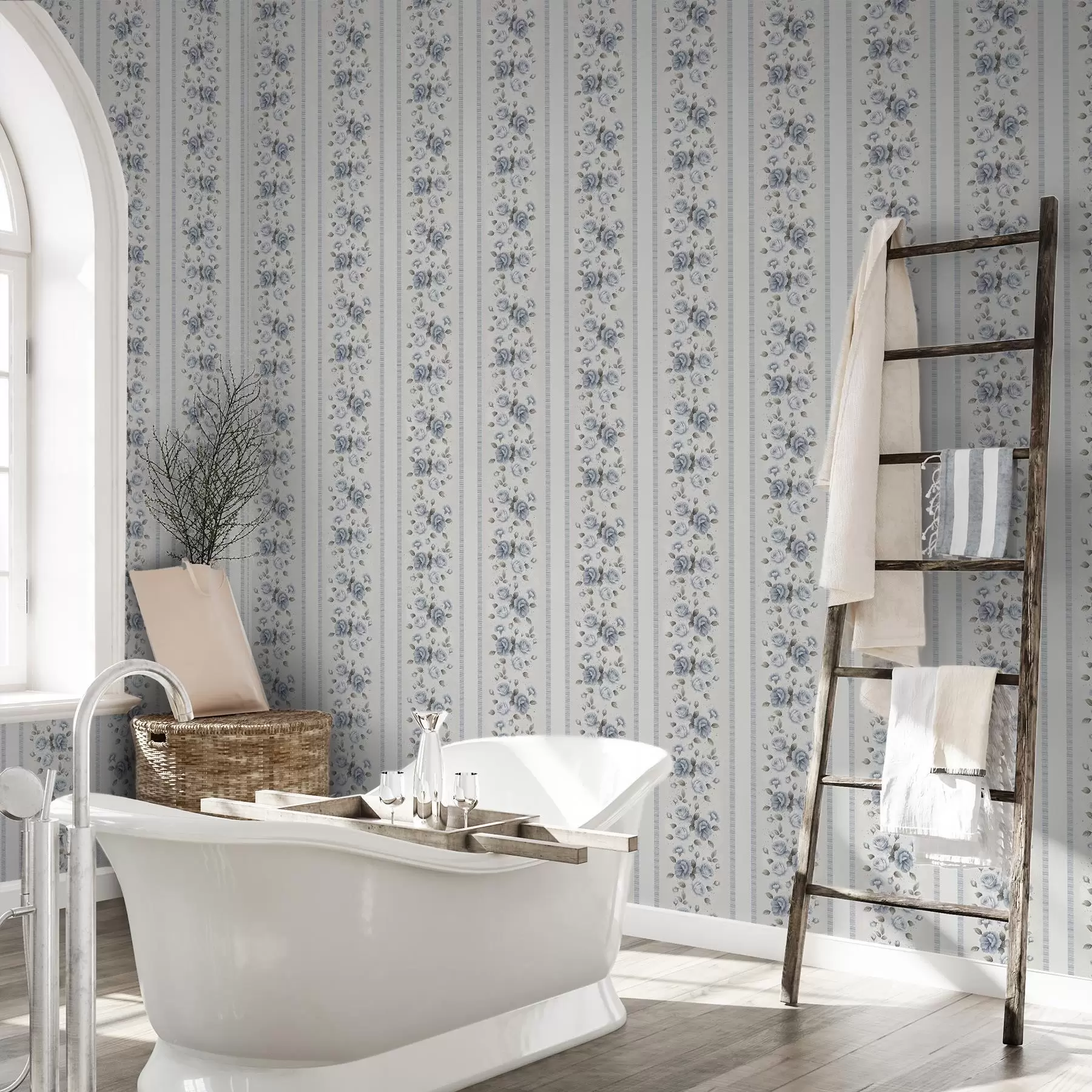 wall murals Blue roses in vertical bands on a light background a00860