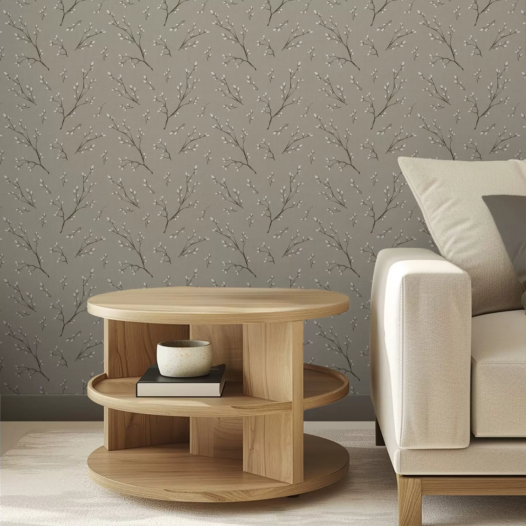 wall murals Twigs with white buds on linen taupe background a00861