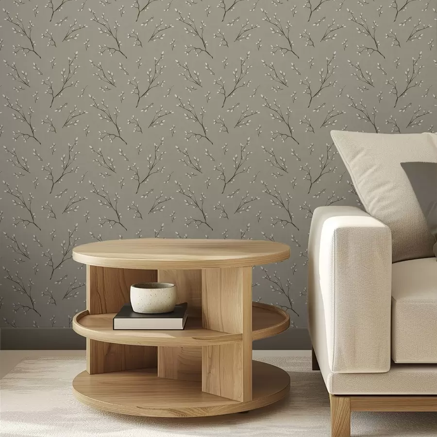 wall murals Twigs with white buds on linen taupe background a00861