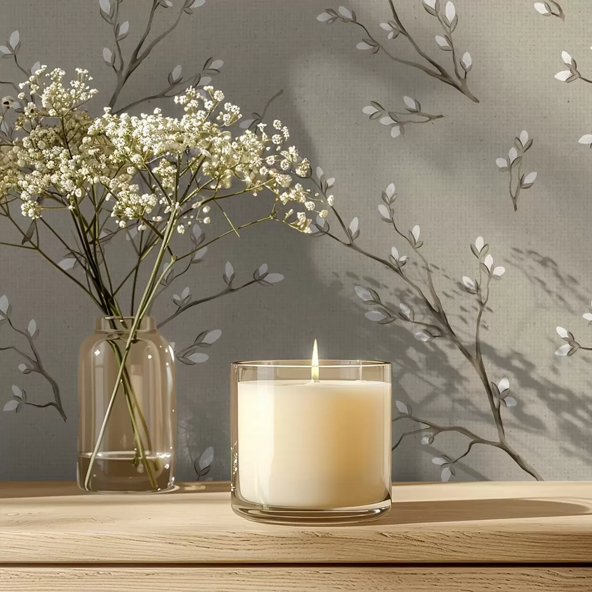 Wallpaper Twigs with white buds on linen taupe background a00861