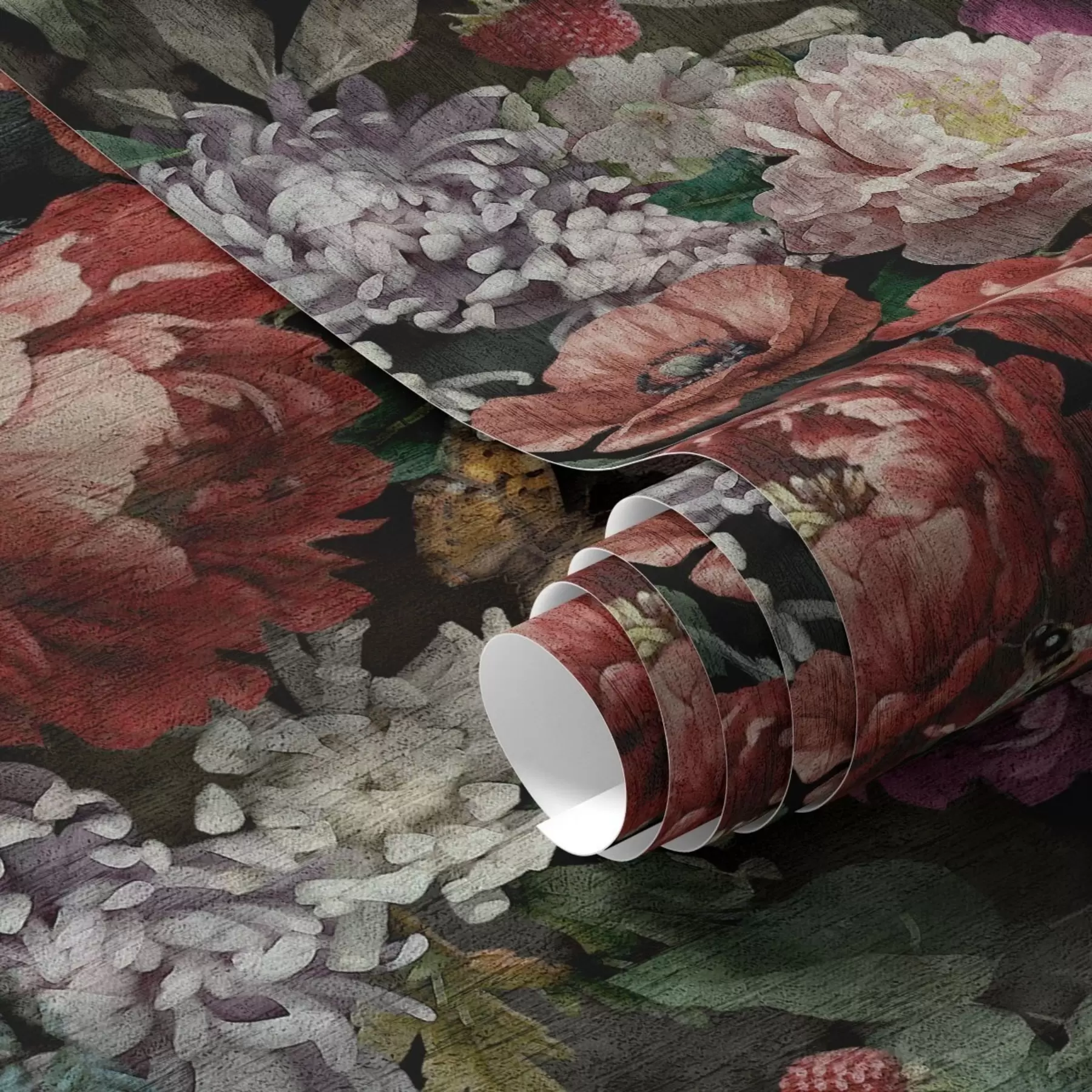 wall murals Dark dramatic peonies, berries and butterfly on black a00862