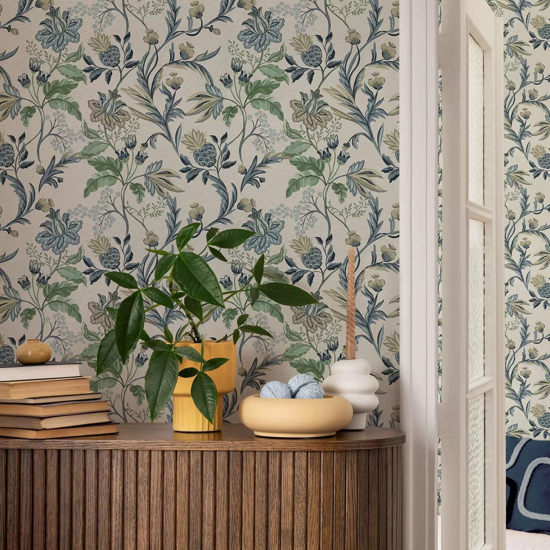 wall murals Blue-green folk florals and leaves on cream a00863