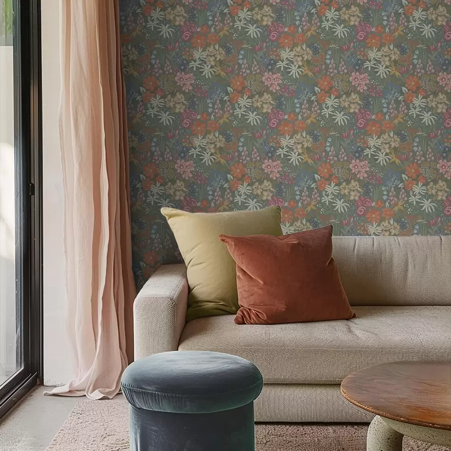 wall murals Painterly meadow florals on sage green a00864