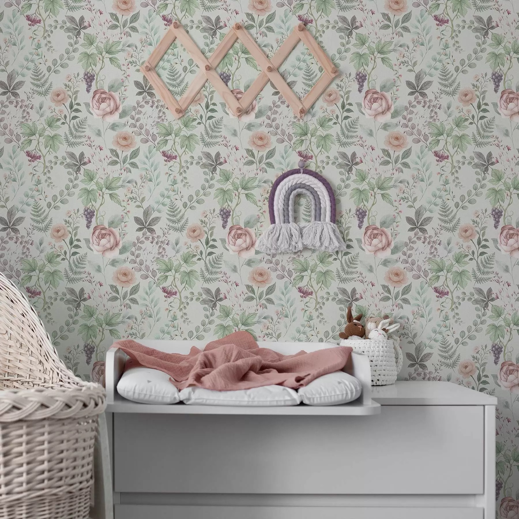 wall murals Pastel garden with roses, ferns and grapes a00867