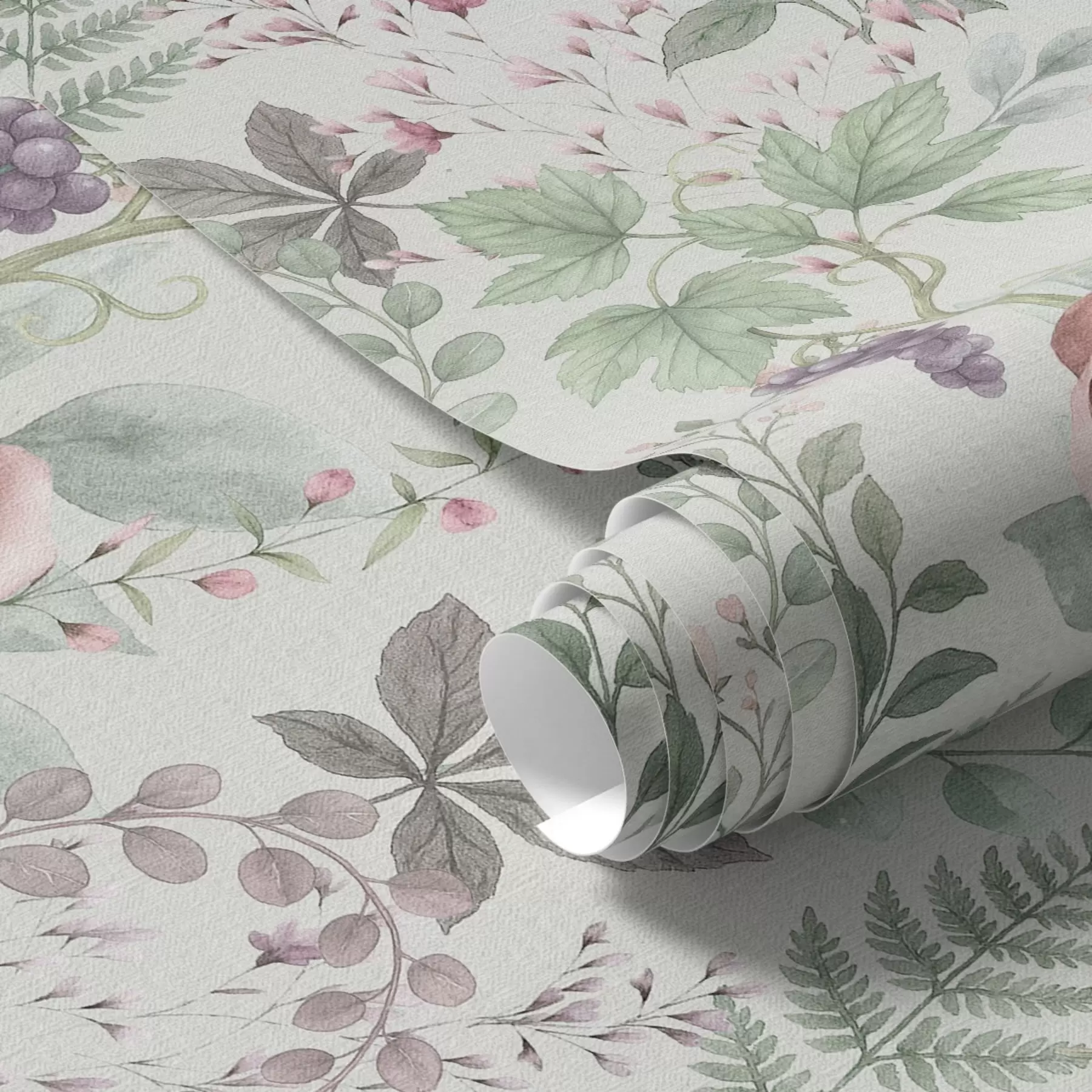 wall murals Pastel garden with roses, ferns and grapes a00867