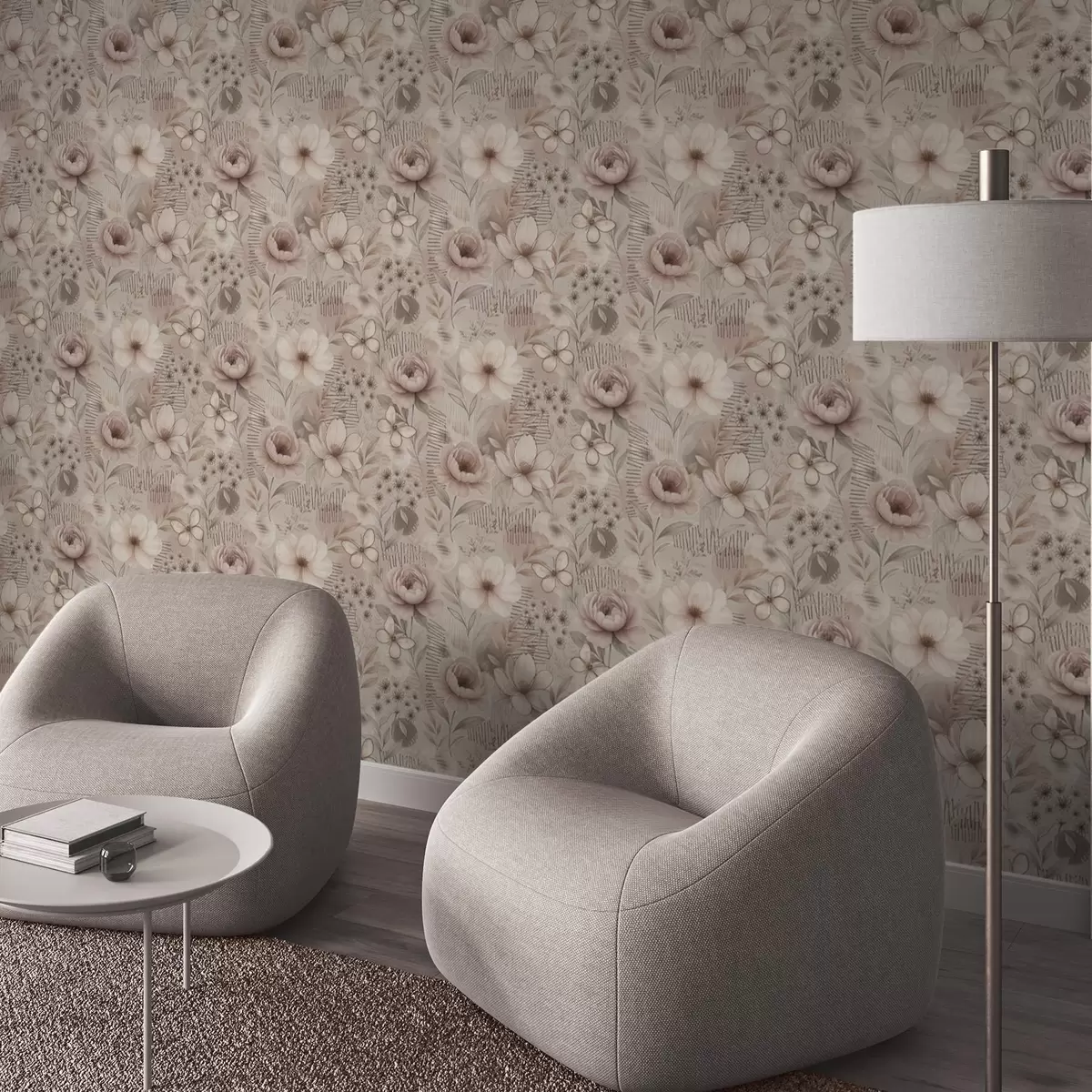 Wallpaper Sepia beige florals with butterfly and linear accents a00870