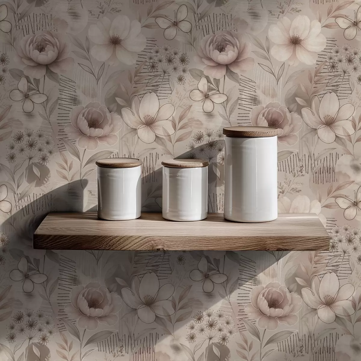 Wallpaper Sepia beige florals with butterfly and linear accents a00870