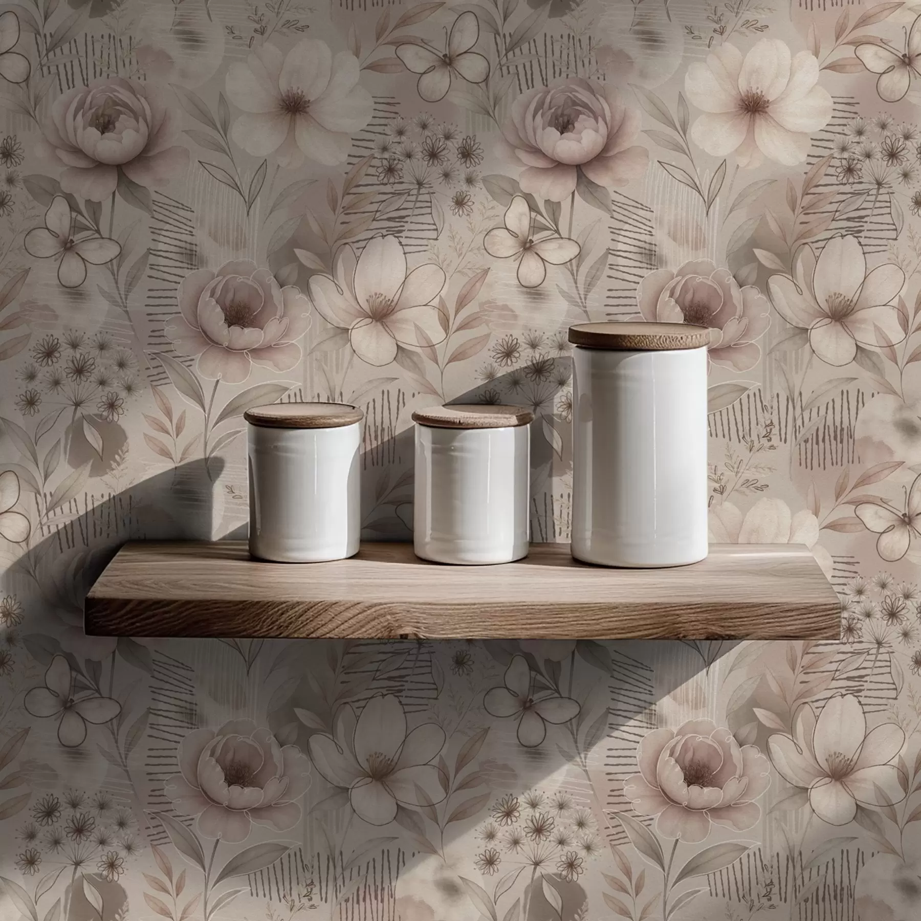 wall murals Sepia beige florals with butterfly and linear accents a00870