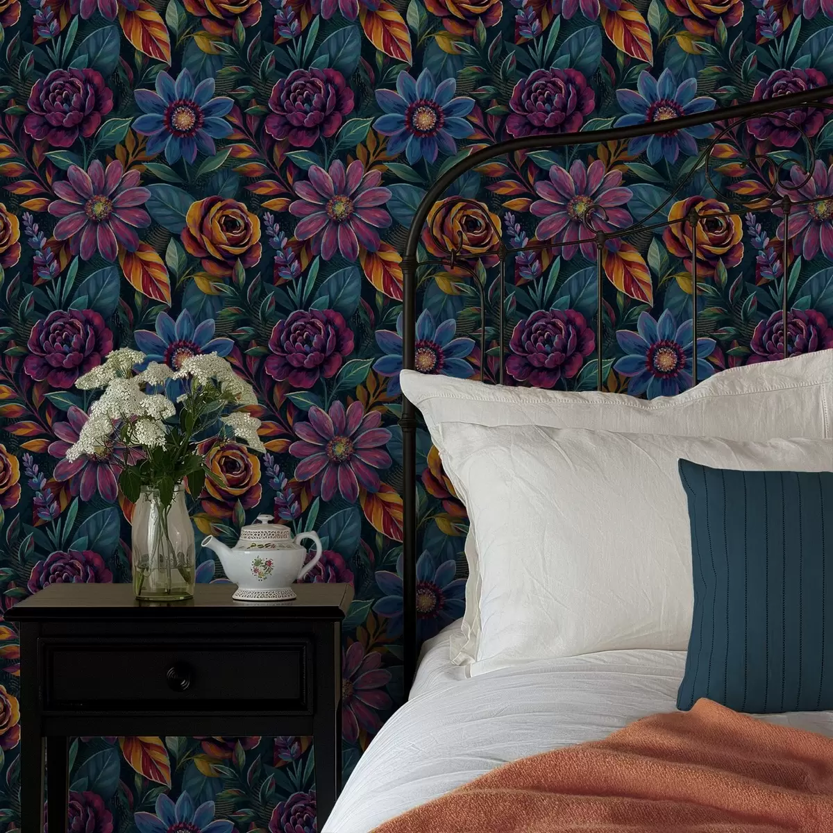 Wallpaper Vibrant jewel-tone florals on deep navy a00871