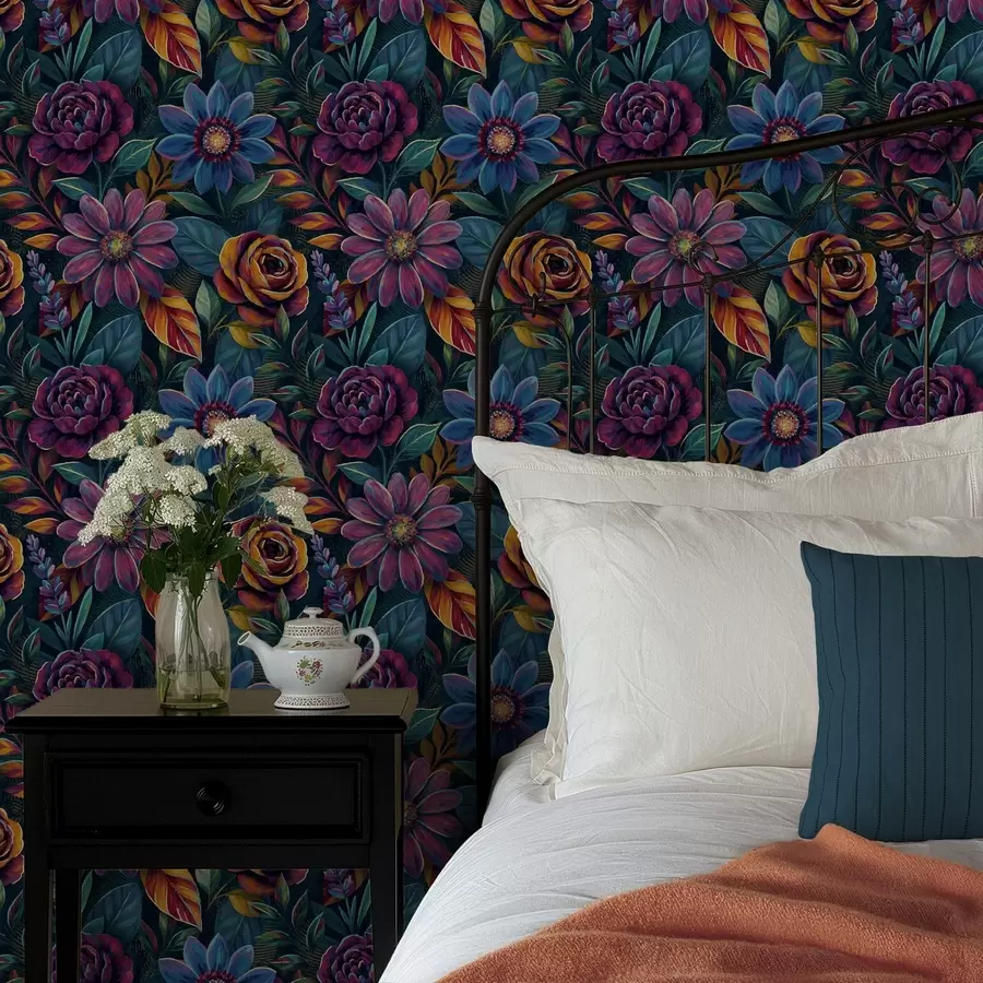 wall murals Vibrant jewel-tone florals on deep navy a00871