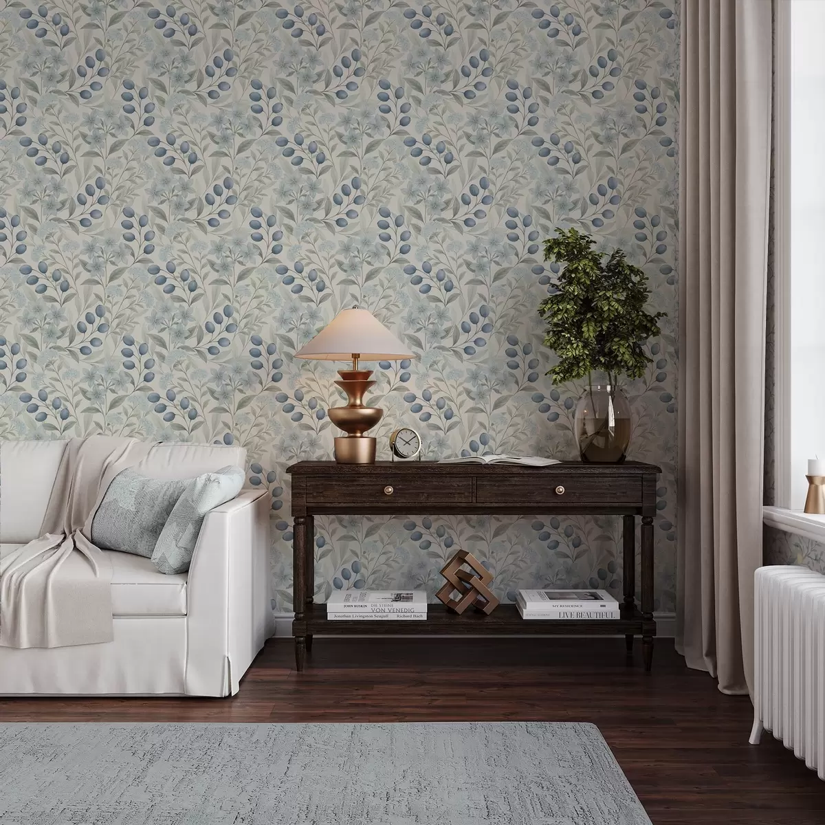 Wallpaper Blue berries and light flowers on ivory a00872