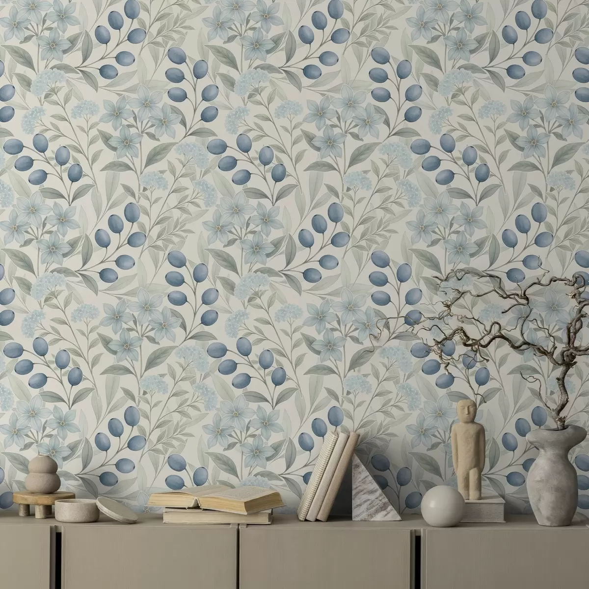 Wallpaper Blue berries and light flowers on ivory a00872