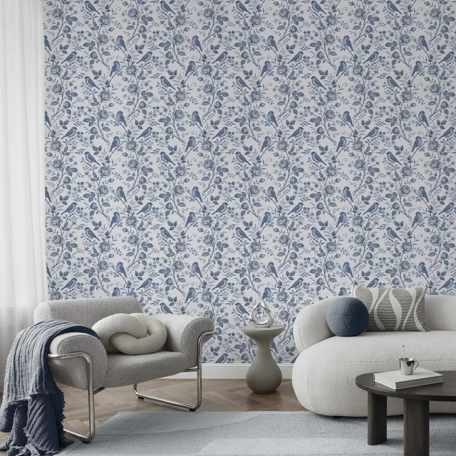 wall murals Blue toile birds and roses on white a00873