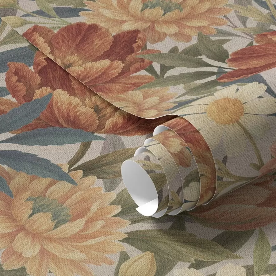 wall murals Vintage garden blooms in warm terracotta and peach a00874