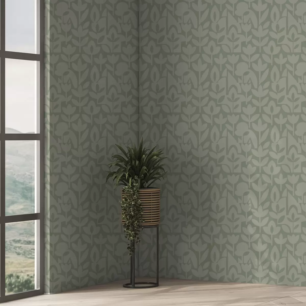 Wallpaper Geometric floral silhouettes in soft sage a00875v1
