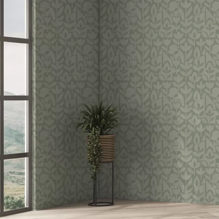 wall murals Geometric floral silhouettes in soft sage a00875v1