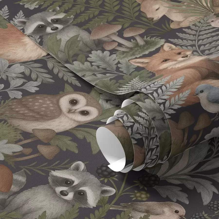 wall murals Woodland animals and ferns on deep charcoal a00880