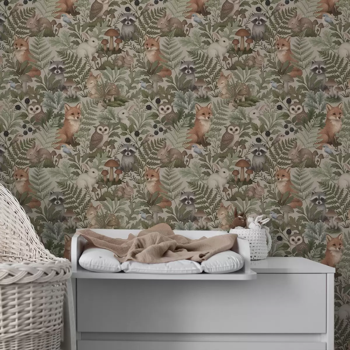 Wallpaper Woodland animals, ferns and mushrooms on light beige a00880v1