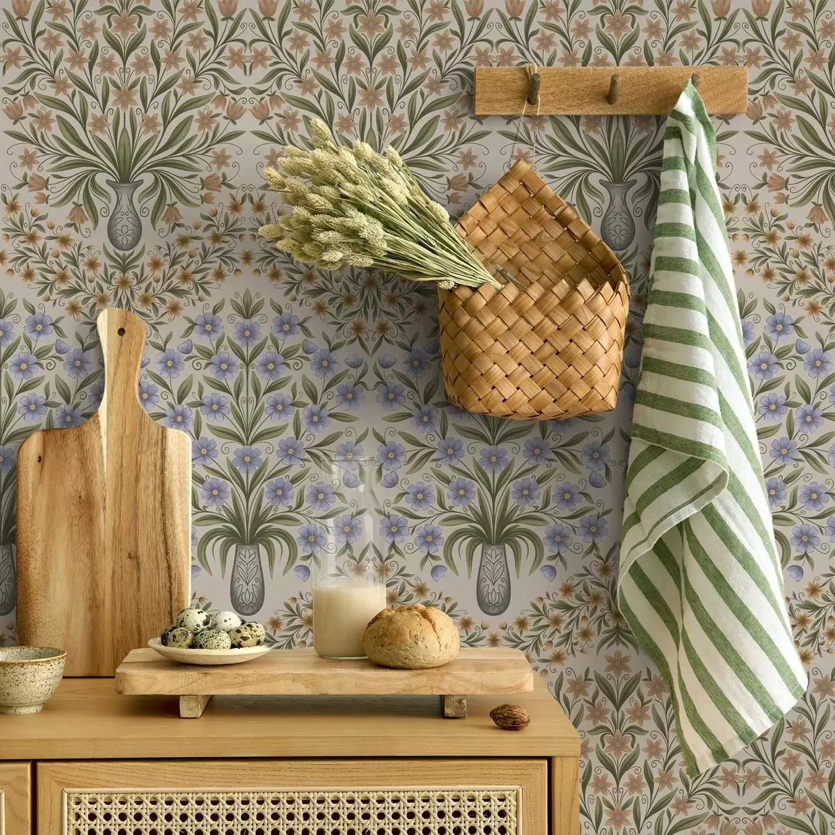 Wallpaper Folk vases with blue blossoms and olive leaves on blush a00900