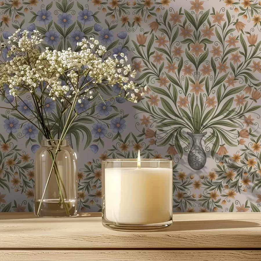 wall murals Alternating vases and blue florals in sage on blush a00901