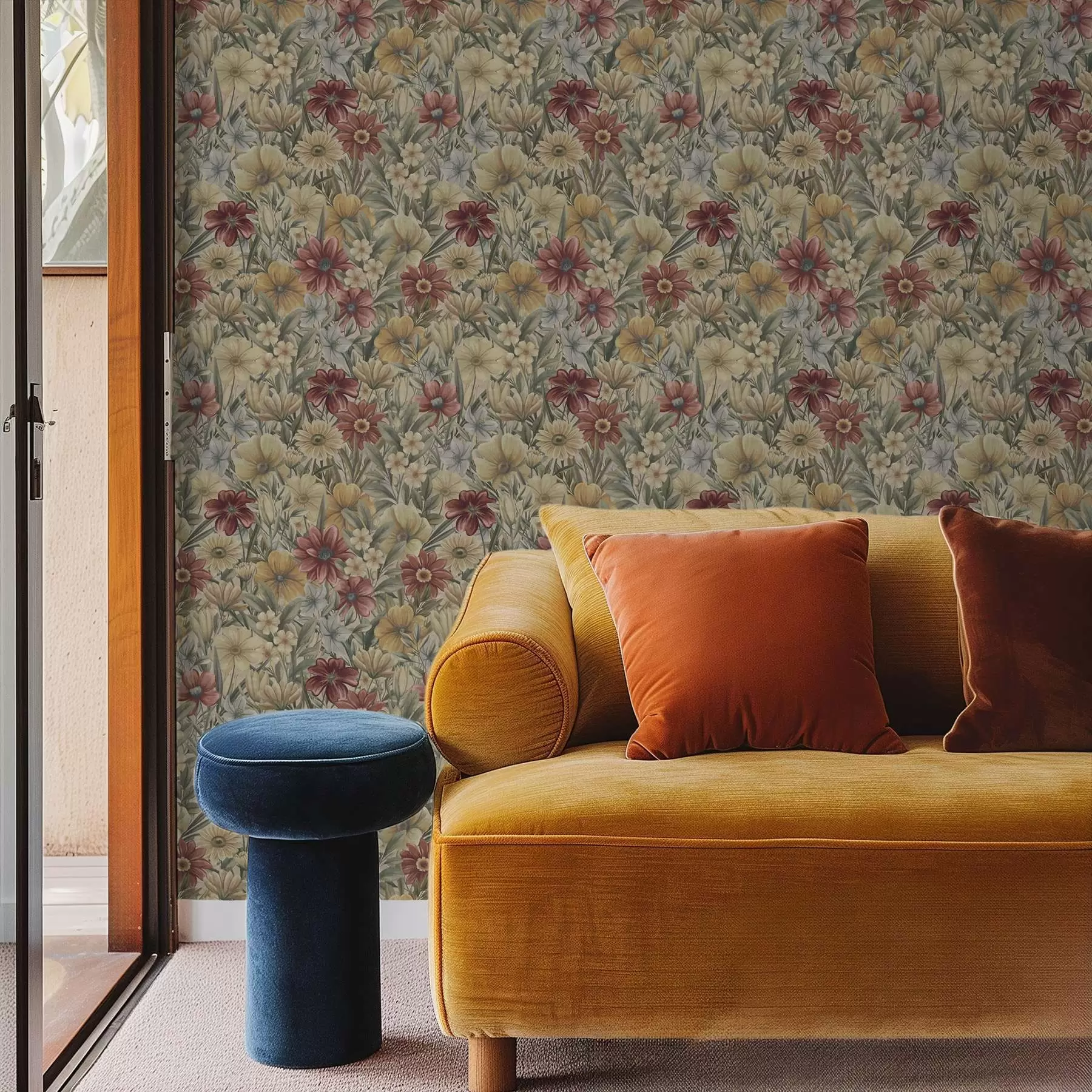 wall murals Vintage meadow blooms in warm yellows, reds and sage a00906