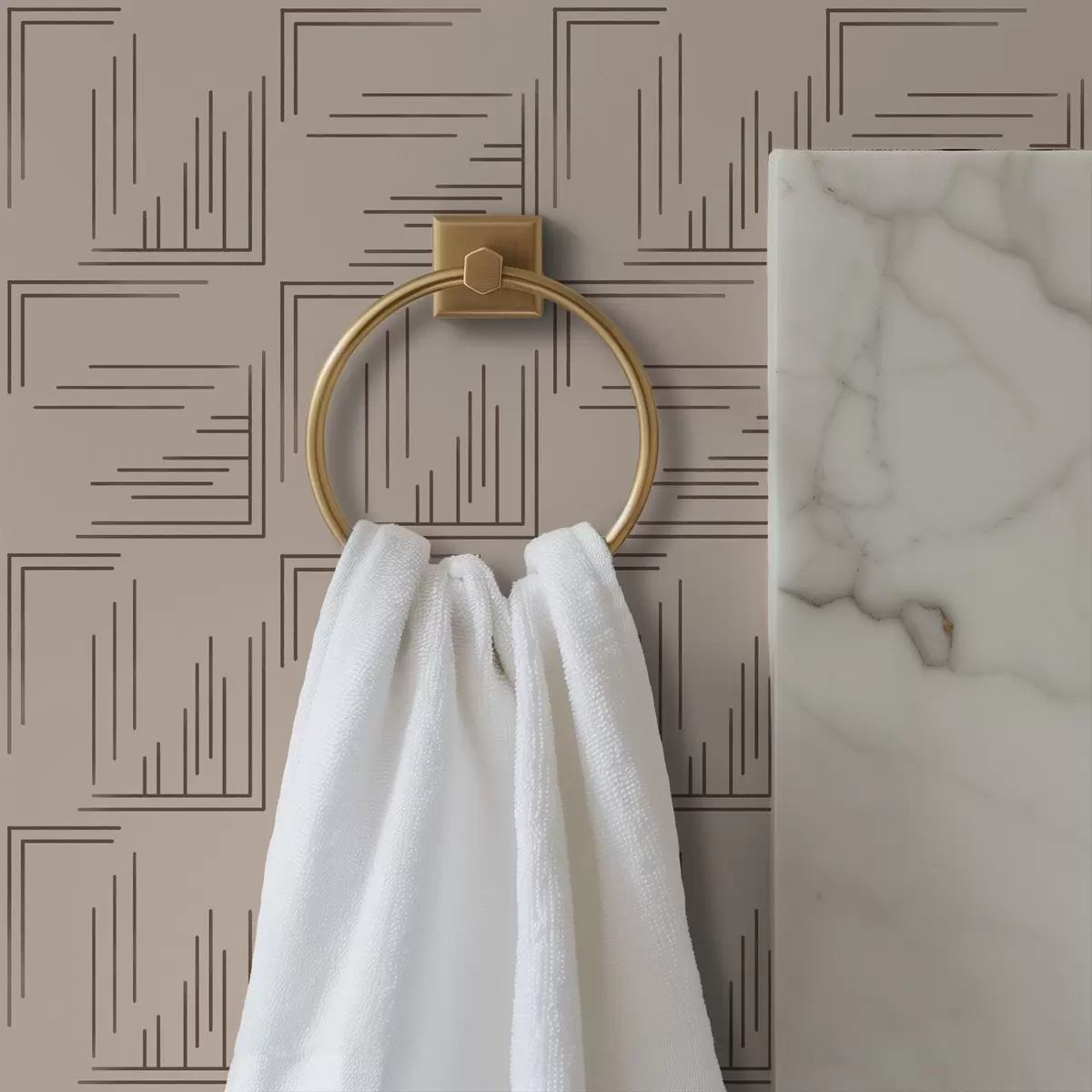 Wallpaper Large cocoa corner squares with varied line fills, sand a00913