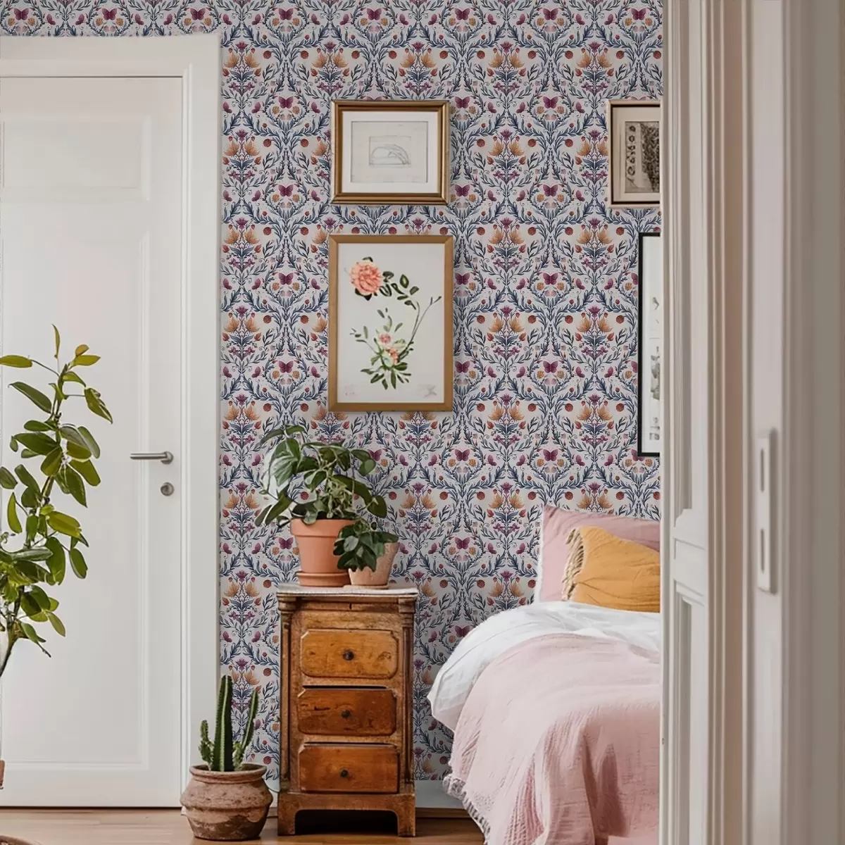 Wallpaper Floral damask with butterflies in navy and terracotta on white a00926v1