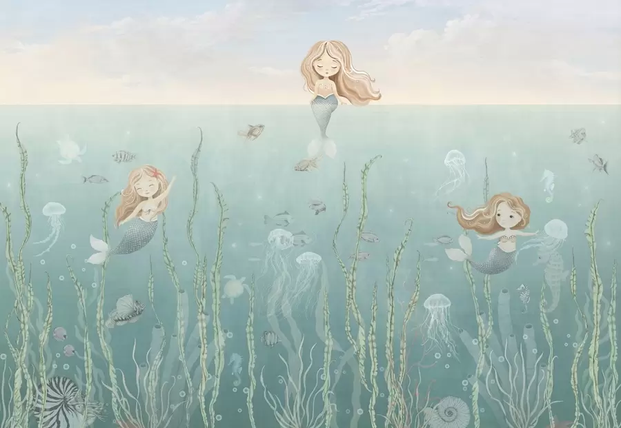 wall murals Playful mermaids undersea with seaweed, jellyfish and fish w04860