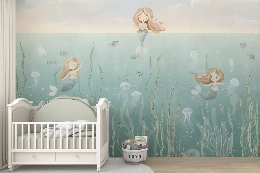 wall murals Playful mermaids undersea with seaweed, jellyfish and fish w04860
