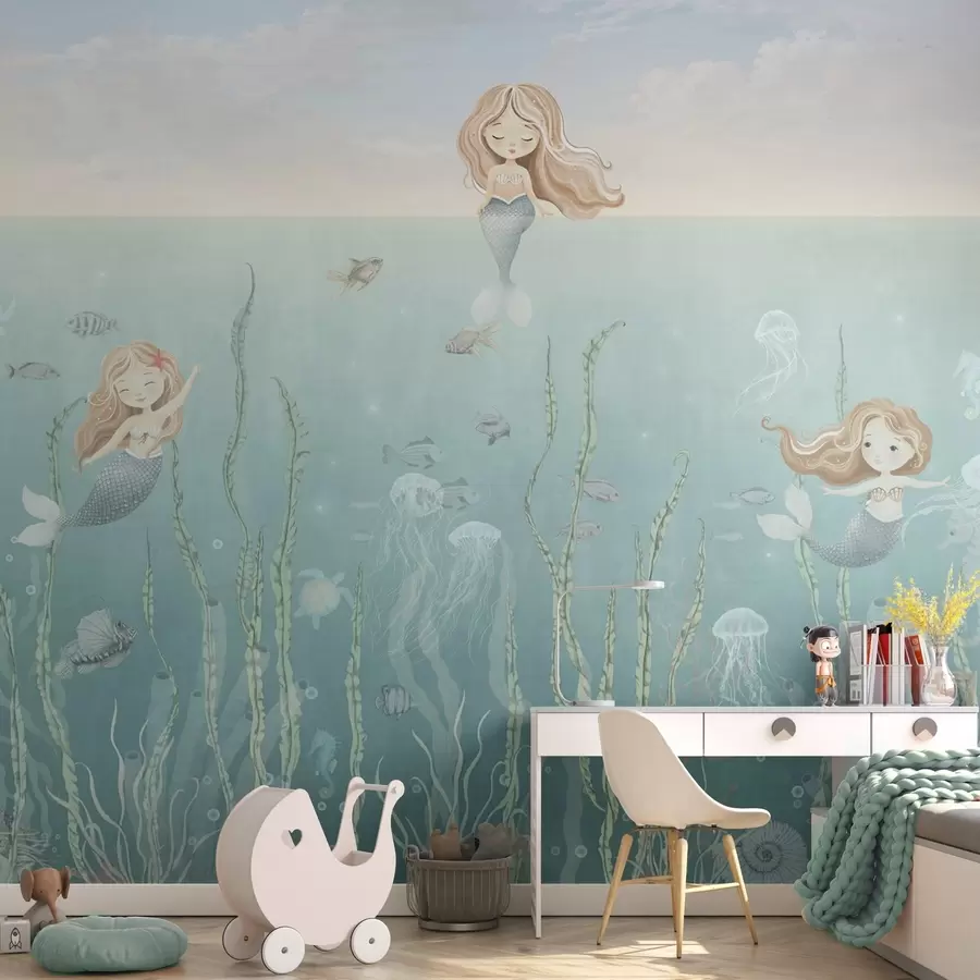 wall murals Playful mermaids undersea with seaweed, jellyfish and fish w04860